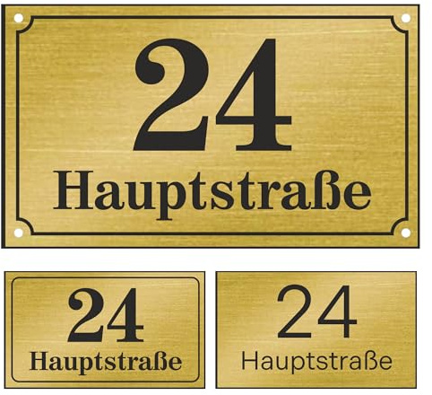 Sosenco Hausnummer mit Straßenname Personalisiert Laser Gravur (Golden) | Wetterfestes Addressschild aus Gravurmaterial. 3 Größen wählbar, Ort & Straßenname mit Wunsch-Grafik & Montage