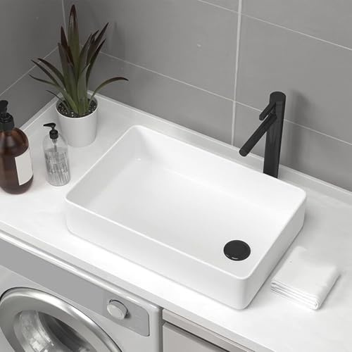 Lavabo da Appoggio in Ceramica con Troppopieno, Lavello Rettangolare Moderno con Scarichi Laterali e Scarico Pop-up per Bagno e WC degli Ospiti