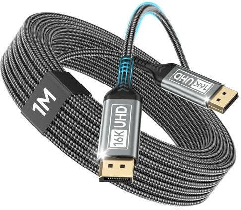 Nersligek Cavo DisplayPort 2.1 1M-DP Supporta 16K@60Hz, 10K@60Hz, 8K@120Hz, 4K@240Hz/165Hz/144Hz, 2K@360Hz/240Hz, 80Gbps, HDR, DSC1.2a, FreeSync, G-Sync per Monitor da Gioco, Scheda Grafica, PC