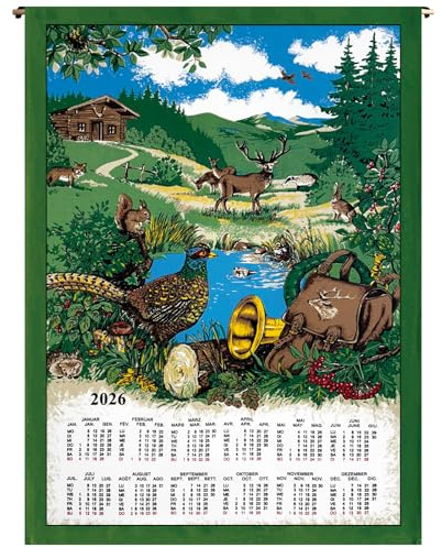 ggm Calendario in tessuto 2026 caccia – 45 x 65 cm – Calendario da parete in cotone – Calendario annuale sostenibile – Decorazione da parete – Poster in tessuto per cucina o ufficio – diversi
