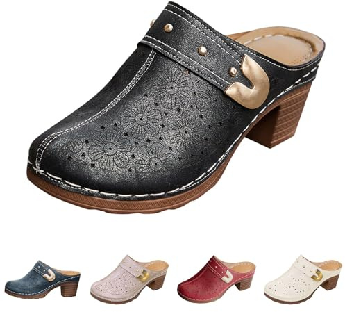 Mules Shoes for Women Closed Toe Clogs High Chunky Heels Mules Sandals Arch Support Slip On Slippers Comfortable Walking Shoes Hollow Orthotic Slides Wide Fit Lightweight Pantoletten Black