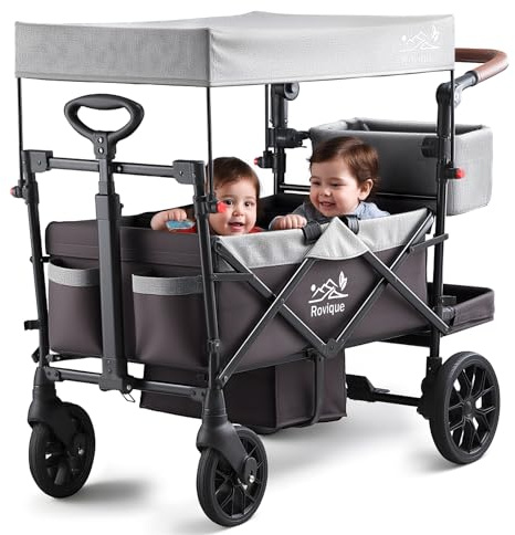 Wagon Stroller for 2 Kids, Premium Stroller Wagon for Kids with Removable Canopy, Safety Harness, Adjustable Handlebar & Storage Organizer, All-Terrain Foldable Baby Wagon for Outdoors