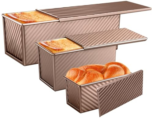 BAISHUN 3 Pack Pullman Loaf Pans with Lids, 2.2LB 1LB 0.5LB Bread Pans, Non-Stick Carbon Steel Bread Pans for Homemade Sandwich and Baking Sourdough Bread, Corrugated Toast Mold, Golden | Non-stick Carbon Steel Bread Pans for Homemade Sandwich and Baking Sourdough Bread, Corrugated Toast Mold