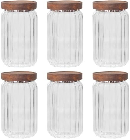 YöL Pack of 6 600ml Glass Storage Container Wooden Lid With Silicone Seal Modern Ribbed Finish - Dry Food Storage Jar Tea Coffee Sugar Flour Oats Pasta Cereal Kitchen