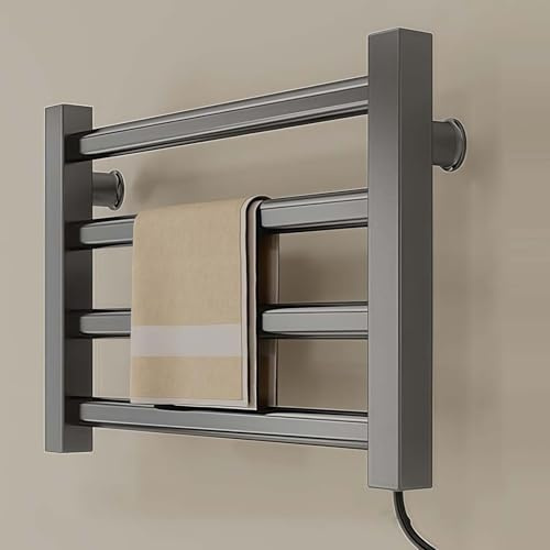 RVUEM Toallero EléCtrico, Toallero Inteligente, Radiador De Pared, Calentador De Toallas EléCtrico PequeñO, 80 W, Temperatura Constante De 55 °C, 4 Barras, Enchufable, para BañO,Gris,Left Line