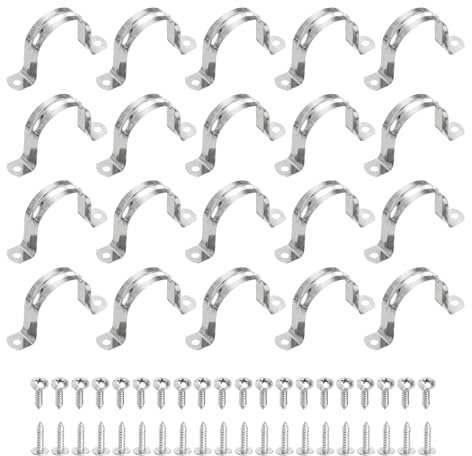 sourcing map 20Pcs 50mm(2) 304 Stainless Steel Rigid Pipe Strap, Two Hole Strap U Bracket Heavy Duty Pipe Conduit Clamp with Self-Tapping Screws for Hose Wire Cord Installation, Silver
