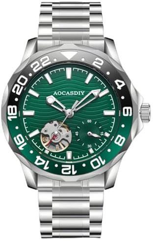 DAXIAOYU Klassisk digital timing roterande infattning herr mekanisk klocka svänghjul ihålig design lysande vattentät rostfritt stål business automatiska armbandsur, Silver grön, Lyx