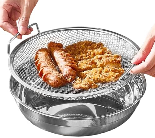 Frying Oil Draining Baske, Stainless Steel Mesh Filtering Basket with Tray, Food Oil Drain with Handle, for Cooking, Fried Snacks, Barbecue
