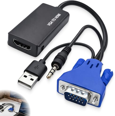 JXRSKJ Adattatore VGA a HDMI con audio 1080p, adattatore VGA HDMI e convertitore VGA a HDMI per PC, laptop o monitor, adattatore HDMI affidabile e plug and play