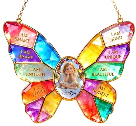 WERWAES Atrapasoles de Mariposa en Efecto Vitral Personalizado con Foto y Nombre, Decoración Colgante de Ventana de Acrílico para Hijo o Hija (Style-1)