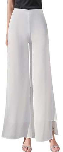 Générique 2026 Pantalon léger en Mousseline de Soie pour Femmes, Haute élastique, Jambe Droite évasée, Culotte de Cocktail de Mariage (White, L)