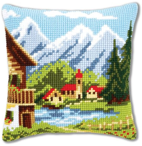 VERVACO Kreuzstich Stickpackungen Kissen Stickerei Set Anfänger Vorgedruckt Bergdorf I DIY Set Kreativ Set Für Erwachsene Dekoratives Kissen ca. 40 x 40 cm Bastelset Handwerker Haus Dekoration