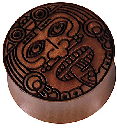 CHICNET Damen Herren Flesh Holz Plug Lobe Piercing aus Sawoholz in braun mit Krieger Gesicht Gravur, Double Flared