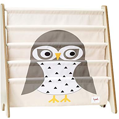 3 Sprouts, Libreria Frontale Montessoriana per Bambini, Ideale per Organizzare e Contenere Libri, Scaffale Libreria Decorata con Gufo Grigio, 61x63x25,4 cm