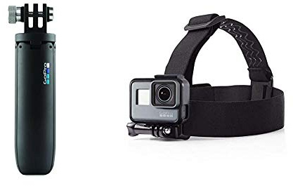 GoPro Shorty Mini Extension Pole with Tripod - Black (Official GoPro Accessory) & Amazon Basics Head Strap Camera Mount for GoPro
