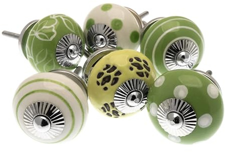 Mango Tree - Ceramic Door Knobs in Apple Green and White (Set of 6)