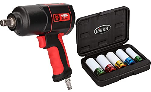 KS Tools 515.1200 THE DEVIL Hochleistungs-Druckluft-Schlagschrauber, Schwaz/Rot, 1/2 Zoll & Vigor Schlagschrauber-Steckschlüsselsatz (ideales Set für den Reifenwechsel, 5 Einzelteile)