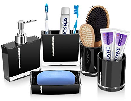 Ejoyous Juego de Accesorios de Baño de 5 Piezas, Acrílico, Negro Brillante, con Dispensador de Jabón, Vaso, Jabonera, Soporte para Cepillos