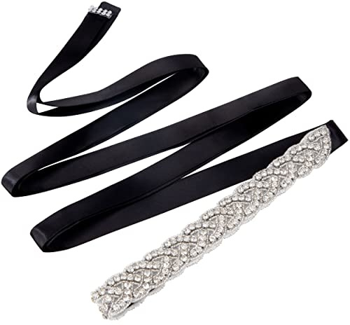Jeesblsy Skärp med kristallstrass, bälte i satin för bröllop, brudskärp för fest, brudtärneklänningar, balklänning, aftonklänningar, som midjebälte och accessoar, svart, En Storlek