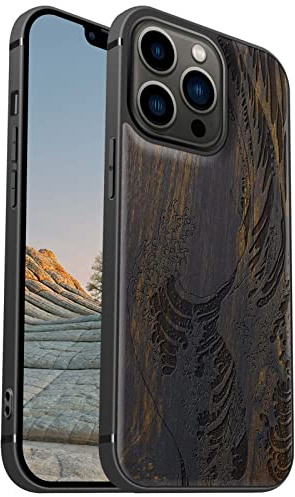 Carveit Coque magnétique pour iPhone 13 Pro Étui [Amulette Bois Sombre] [Pare-Chocs en TPU Souple] Case de téléphone Antichoc Compatible Magsafe avec 13Pro Coque Bois (Grande Vague Kanagawa)