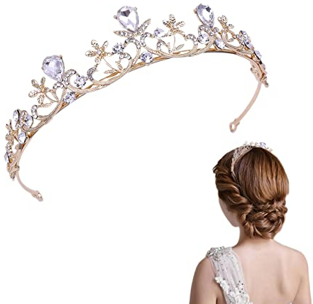 Strass Haarkrone, Blatt Strass Krone, Kristalle Prinzessin Krone, für Hochzeit Tiara, Abschlussball Party, Geburtstag Zubehör,Alltagskleidung (Gold)