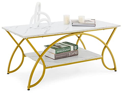 LIFEZEAL Mesa de Centro de 2 Niveles Moderna de imitación de mármol, Estructura de Metal Dorado Estable para Almacenamiento, para Dormitorio, Sala de Estar, balcón (Blanco+Oro)