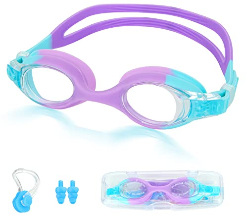 Lychico Kids Swimming Goggles, Goggles Anti-Fog UV Resist Leak Proof for Boys Girls, Childrens Comfortable Food Grade Silicone (Age 3-14), Lake Blue & Purple