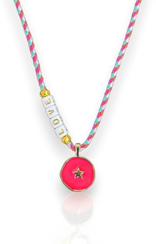 happymaker - Boho Schmuck Damen, Sommer Kette Damen mit Buchstaben und Anhänger • Love • Halskette lila handmade, größenverstellbar, Surferkette für Frauen und Mädchen