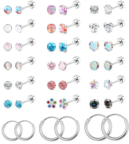KALVICA 42 st små örhängen med platt baksida för kvinnor flickor läckra broskörhängen helix tragus piercing smycken allergivänliga kirurgiska stålringar örhängen CZ opal stiftörhängen set 20 g, 12 mm