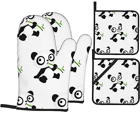 Ofenhandschuhe und Topflappen, 4er-Set, hochhitzebeständig, kleine Panda-Ofenhandschuhe mit heißen Pads für Backen, Garten, Arbeitstag