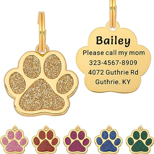 Personalisierte Hundemarke mit Gravur in Pfotenform, Gold, Dog Tag | Gut lesbare Kontaktdaten, bis zu 5 Zeilen, 4 Ringe in 3 Größen