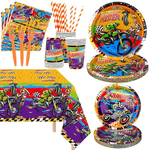 Dirt Bike Party Supplies, Includes Plate, Napkin, Cups, Forks, Tablecloth, for Kids Boys Girls Motorcycle Extreme Sports Birthday Decorations, Serve 20