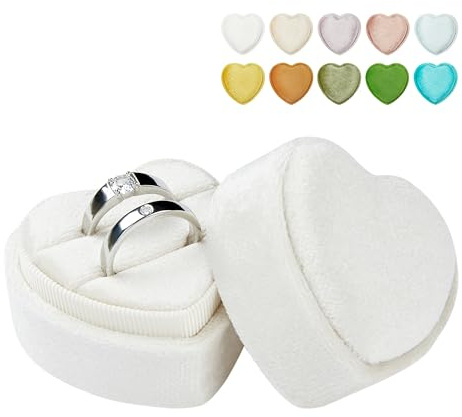 Vacfulliven Ringbox mit 2 Schlitzen aus Samt in Herzform für Hochzeit (weiß) | Vintage Ring Vitrine für Hochzeit, Antrag & Verlobung Ringhalter, tolles Valentinstagsgeschenk und Reise-Schmuckschatulle