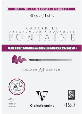 Clairefontaine 976047C Blocco Collato 2 lati Fontaine Extra Bianco - 12 fogli carta acquerello Extra Bianco 100% Cotone a grana fine - Qualità professionale A4 300g