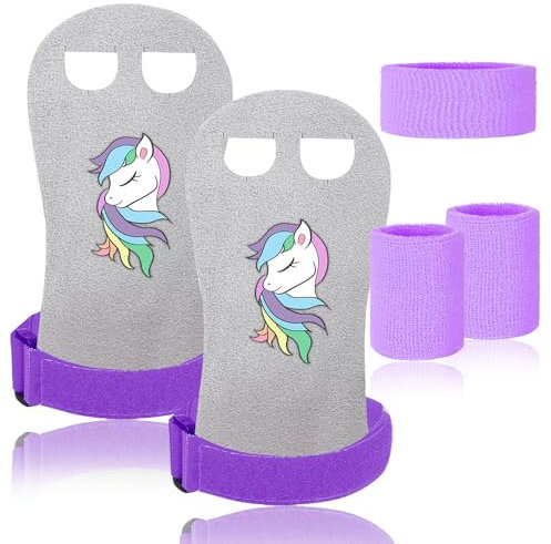 Griffpads Kinder Leder Cross Training Sporthandschuhe Gymnastik Pull Up Grips Hand Mädchen Junge Trainingshandschuhe mit Handgelenk Bandagen Stirnband (Lila, M)