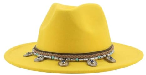 SOYNIA Fedora Trilby Filzhut Hut Hüte Für Damen Filzhut Damen- Und Herrenhut Solide Vintage-Stil Lässig Formell Für Kinder Und Erwachsene Hüte Mit Breiter Krempe 52–54 cm (Kinder) Gelb