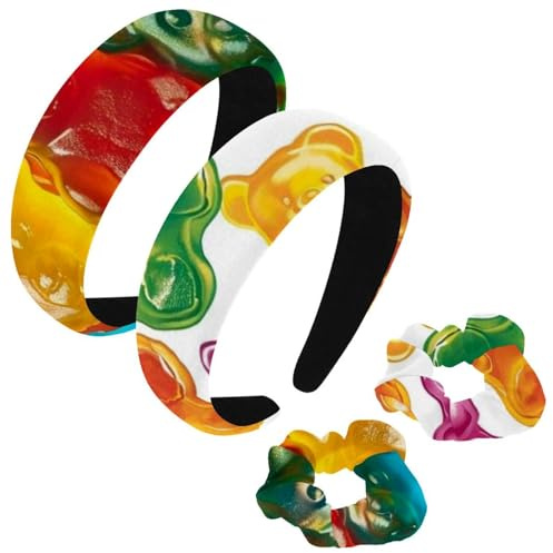 etoenbrc 2 Pack Polyester Wide Headbands and Scrunchie for Women, Cute Gummy Bear Candy Headbands Hair Band Fashion Non-Slip Hair Hoop for Girls Women Hair Accessories