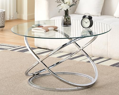 Comfy Living Round Tempered Glass Coffee Table with Chrome Effect Gold Or Silver Frame (Silver)