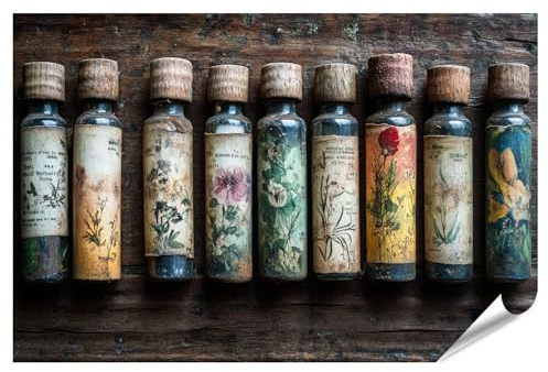 islandburner Poster XXL - Bouteilles de pharmacie anciennes avec étiquettes florales pour la cuisine - Pour les amateurs de vintage - Restaurant - Impression photo de qualité supérieure