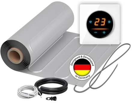 Elektrische Fußbodenheizung: Zweiader-Heizmatte mit Aluminiumfolie WARMON ALU 150 W/m² mit WiFi-Thermostat OKE-25 Touch und Glass-Abdeckrahmen, Thermostat:OKE25 Garda Weiß, Mattengröße:2,5 m²