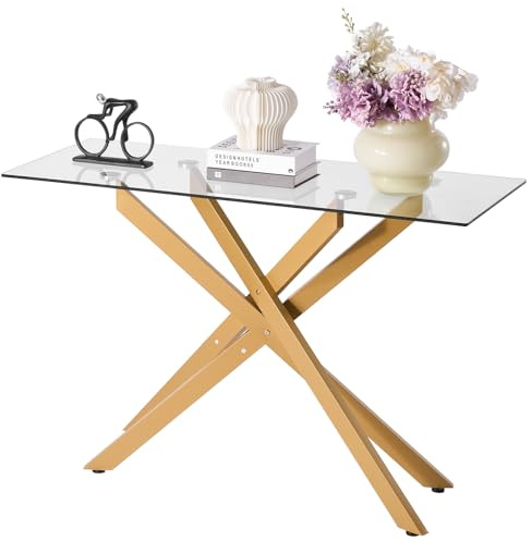 VEVOR Table Basse en Verre, Bout de Canapé Rectangulaire Moderne avec Plateau en Verre Trempé et Pieds Croisés en Fer, Table d'Appoint avec Patins Antidérapants Réglables, Console Dorée Salon Entrée