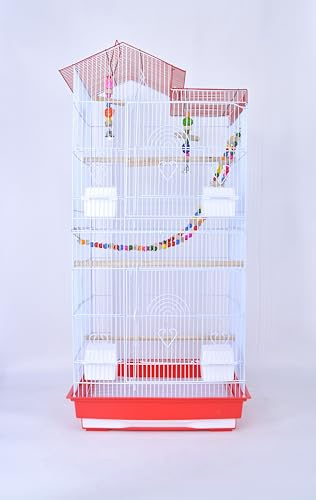 Pet's Solution - Gabbia per Uccellini con Giochi e Scaletta, 4 Mangiatoie, 3 Posatoi, Vassoio Estraibile e Varie Aperture - Bianco Rosso, 47,5x36x100h cm