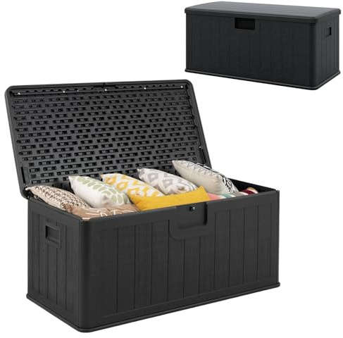 HOMASIS 378 L Baule da Esterno Impermeabile, Cassapanca Contenitore in HDPE con Coperchio Bloccabile, Armadio da Giardino per Interni ed Esterni, Portata di 200 kg, 130 x 64 x 59 cm (Grigio)