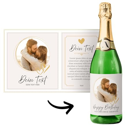 Flaschenetiketten Geburtstag selbst gestalten – Set mit 2 Stickern (Vorder- & Rückseite) – personalisierbar mit Foto & Text – für Wein/Sekt – wasserfest – DIY Geschenk (Herz gold)