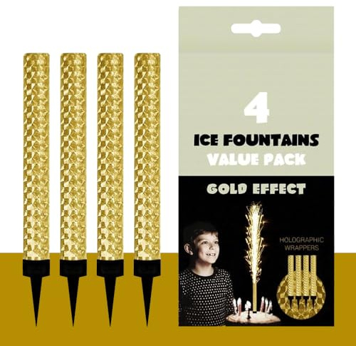 Pack of 4 Ice Fountains Birthday Candles - Gold & Silver Birthday Candles for Cakes, Candles for Cake Decorations - Elegant Cake Toppers by CYD Sales (Gold)