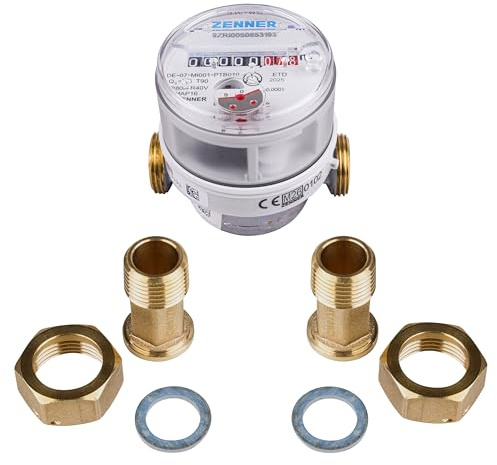 Zenner Contador de agua de 1/2 pulgadas, agua fría y caliente, longitud de construcción de 80 mm, con rosca y kit de juntas, calibración 2026