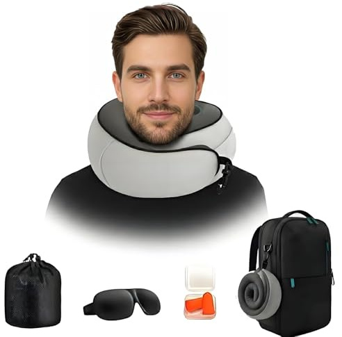 Nackenkissen Flugzeug, Reisekissen Memory Foam – 360°Nackenstütze,Nackenkissen Reise Kompakt & Platzsparend & Easy Tragen Haken –Travel Pillow für Reise, Auto,Büro – Inkl. Schlafmaske & Ohrstöpsel