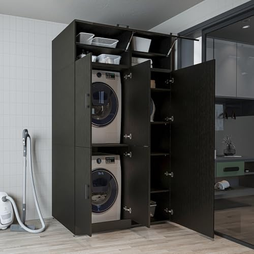 ROOMART Waschmaschinenschrank Dora-II – 130 cm Breit Waschschrank für Waschmaschine & Trockner (Schwarz-Eiche, Mit Aufsatzschrank: (HBT): 230 x 130 x 73,8 cm)