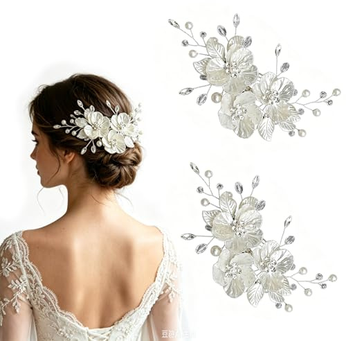 Accessori per capelli da sposa, 2 pezzi fermagli per capelli a forma di fiore con strass e perle, accessori per acconciatura da sposa per matrimonio, decorazioni floreali eleganti per le donne