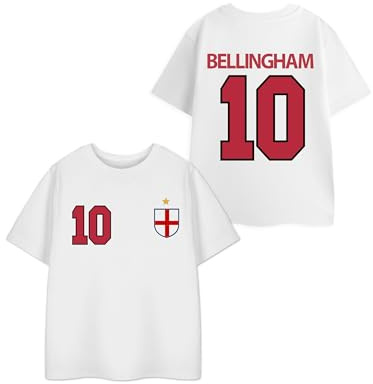 Show Me The Merch Bellingham 10 White Red Graphic Tee | Kids Short Sleeve Football Jersey Top | England Shield Crest Sports T-Shirt | Classic Crew Neck Player Number Merchandise